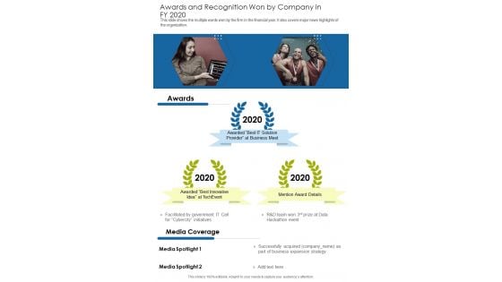 Awards And Recognition Won By Company In FY 2020 One Pager Documents Awards And Recognition Won By Company In FY 2020 One Pager Documents