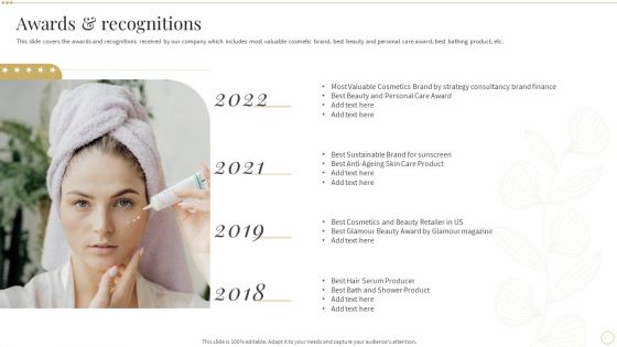 Awards And Recognitions Skin Care And Beautifying Products Company Profile Infographics PDF Awards And Recognitions Skin Care And Beautifying Products Company Profile Infographics PDF