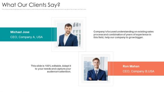 B2B Sales Procedure Counselling What Our Clients Say Ppt Ideas Graphics Tutorials PDF B2B Sales Procedure Counselling What Our Clients Say Ppt Ideas Graphics Tutorials PDF