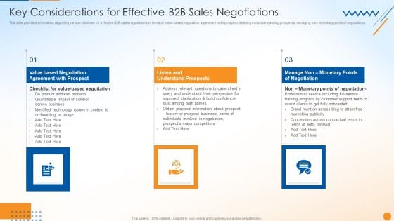 B2B Sales Techniques Playbook Key Considerations For Effective B2B Sales Negotiations Structure PDF