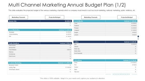 B2C Marketing Initiatives Strategies For Business Multi Channel Marketing Annual Budget Plan Projected Ppt Ideas Slides PDF