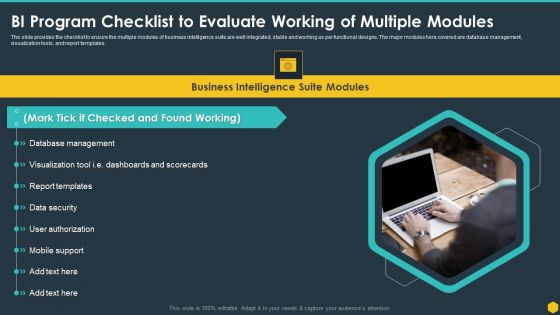 BI Program Checklist To Evaluate Working Of Multiple Modules BI Transformation Toolset Mockup PDF