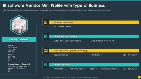 BI Software Vendor Mini Profile With Type Of Business BI Transformation Toolset Inspiration PDF BI Software Vendor Mini Profile With Type Of Business BI Transformation Toolset Inspiration PDF
