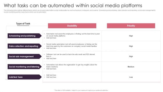 BPA Tools For Process Enhancement And Cost Minimization What Tasks Can Be Automated Within Social Media Platforms Infographics PDF