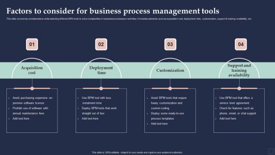 BPM System Methodology Factors To Consider For Business Process Management Tools Ideas PDF