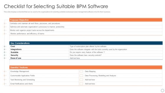 BPM Tools Application To Increase Checklist For Selecting Suitable BPM Software Structure PDF