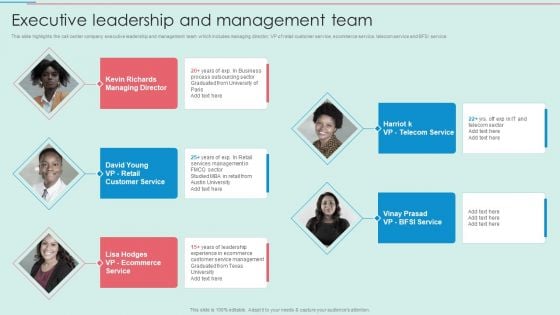 BPO Call Center Company Profile Executive Leadership And Management Team Topics PDF