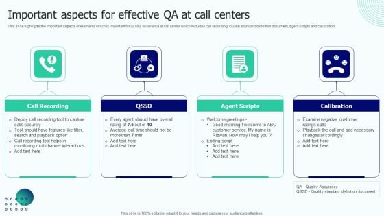 BPO Performance Improvement Action Plan Important Aspects For Effective QA At Call Centers Background PDF