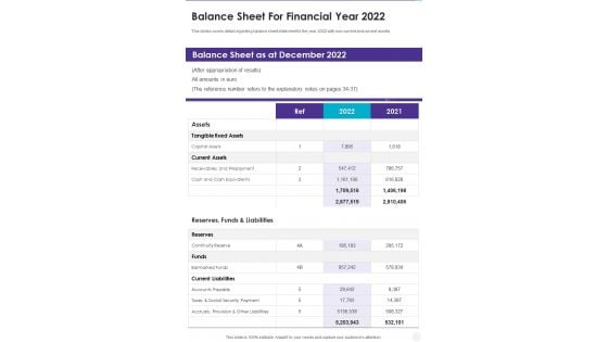 Balance Sheet For Financial Year 2022 One Pager Documents