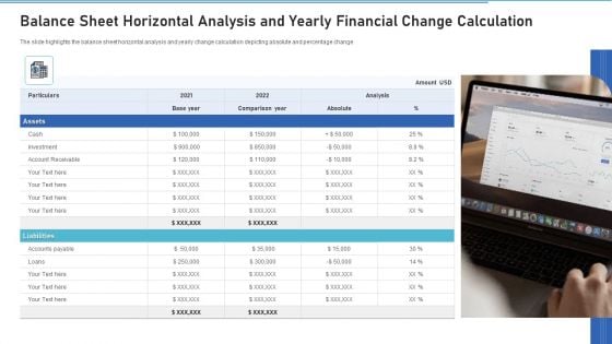 Balance Sheet Horizontal Analysis And Yearly Financial Change Calculation Portrait PDF