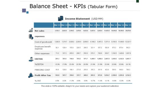 Balance Sheet Kpis Tabular Form Template 2 Ppt PowerPoint Presentation Summary Structure