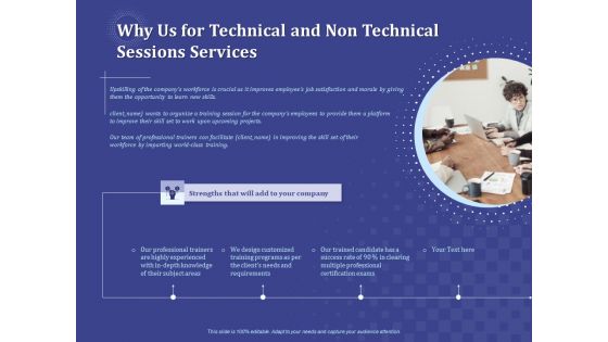 Balancing Skill Development Why Us For Technical And Non Technical Sessions Services Icons PDF