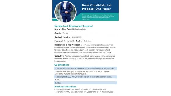 Bank Candidate Job Proposal One Pager PDF Document PPT Template