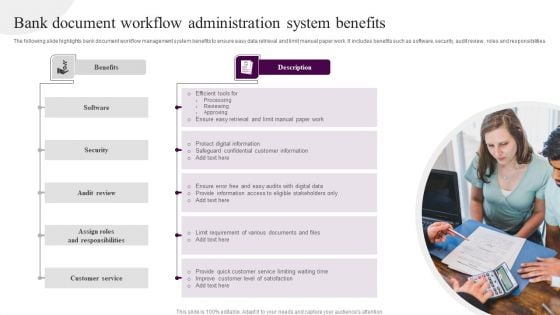 Bank Document Workflow Administration System Benefits Slides PDF