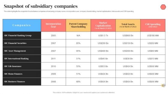 Banking Solutions Company Overview Snapshot Of Subsidiary Companies Portrait PDF