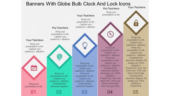 Banners With Globe Bulb Clock And Lock Icons Powerpoint Templates