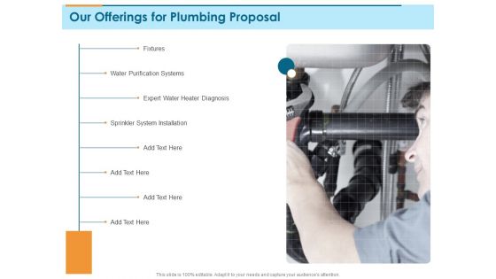 Bathroom Fixture Our Offerings For Plumbing Proposal Ppt PowerPoint Presentation Styles Graphic Tips PDF