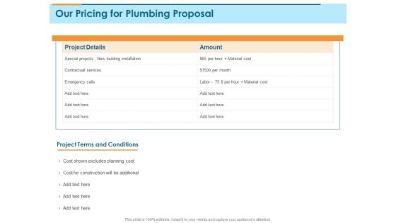Bathroom Fixture Our Pricing For Plumbing Proposal Ppt PowerPoint Presentation Icon Grid PDF