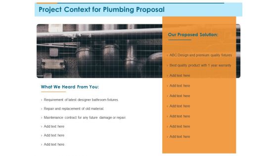 Bathroom Fixture Project Context For Plumbing Proposal Ppt PowerPoint Presentation Summary Graphics Design PDF