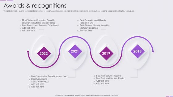 Beauty And Skincare Products Company Profile Awards And Recognitions Diagrams PDF