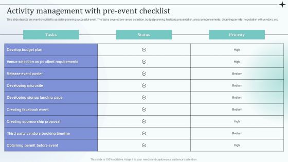 Before Event Tasks Activity Management With Pre Event Checklist Sample PDF