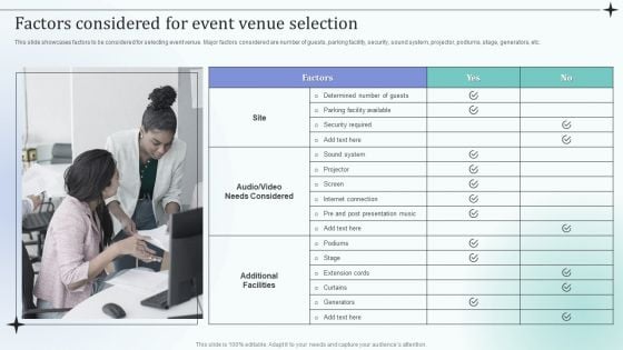 Before Event Tasks Factors Considered For Event Venue Selection Sample PDF