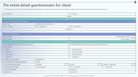 Before Event Tasks Pre Event Detail Questionnaire For Client Template PDF