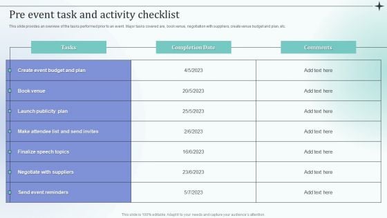 Before Event Tasks Pre Event Task And Activity Checklist Download PDF