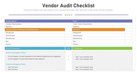 Benchmarking Supplier Operation Control Procedure Vendor Audit Checklist Themes PDF