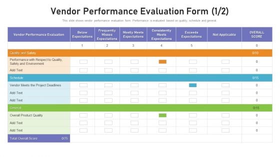 Benchmarking Supplier Operation Control Procedure Vendor Performance Evaluation Form Elements PDF