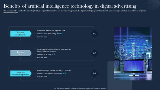 Benefits Of Artificial Intelligence Technology In Digital Advertising Icons PDF