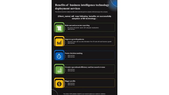 Benefits Of Business Intelligence Technology Deployment Services One Pager Sample Example Document
