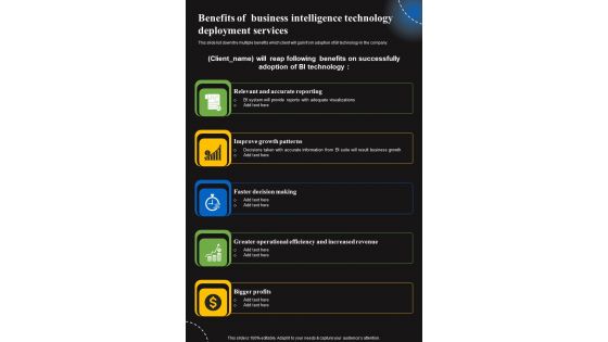 Benefits Of Business Intelligence Technology Deployment Services One Pager Sample Example Document Benefits Of Business Intelligence Technology Deployment Services One Pager Sample Example Document