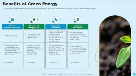 Benefits Of Green Energy Clean And Renewable Energy Ppt PowerPoint Presentation Infographics Themes PDF