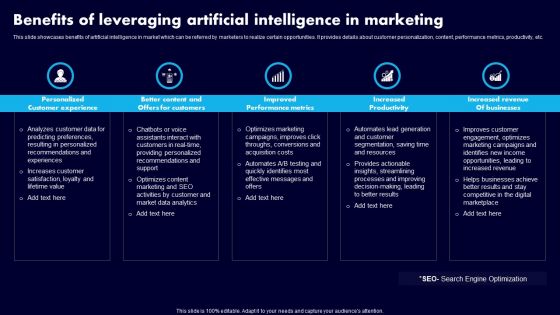 Benefits Of Leveraging Artificial Intelligence In Marketing Ppt Gallery Example Topics PDF