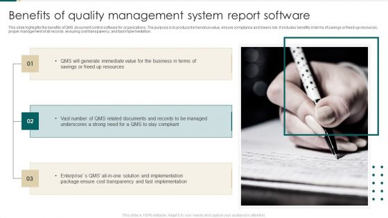 Benefits Of Quality Management System Report Software Infographics PDF