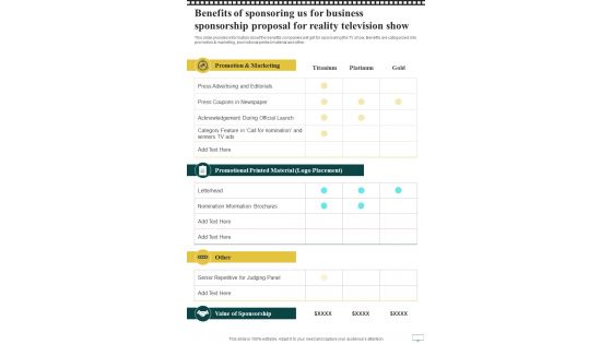 Benefits Of Sponsoring Us For Business Sponsorship Proposal For Reality Television Show One Pager Sample Example Document Benefits Of Sponsoring Us For Business Sponsorship Proposal For Reality Television Show One Pager Sample Example Document