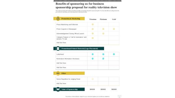 Benefits Of Sponsoring Us For Business Sponsorship Proposal For Reality Television Show One Pager Sample Example Document