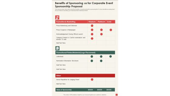 Benefits Of Sponsoring Us For Corporate Event Sponsorship Proposal One Pager Sample Example Document