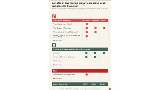 Benefits Of Sponsoring Us For Corporate Event Sponsorship Proposal One Pager Sample Example Document Benefits Of Sponsoring Us For Corporate Event Sponsorship Proposal One Pager Sample Example Document