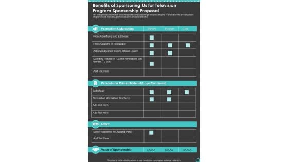 Benefits Of Sponsoring Us For Television Program Sponsorship Proposal One Pager Sample Example Document Benefits Of Sponsoring Us For Television Program Sponsorship Proposal One Pager Sample Example Document