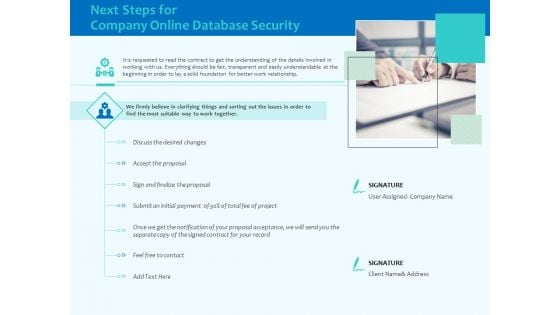 Best Data Security Software Next Steps For Company Online Database Security Infographics PDF