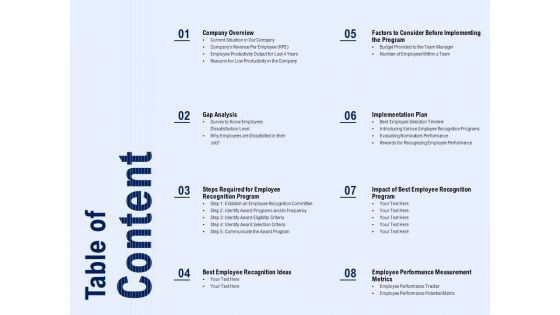 Best Employee Appreciation Workplace Table Of Content Ppt Portfolio Diagrams PDF