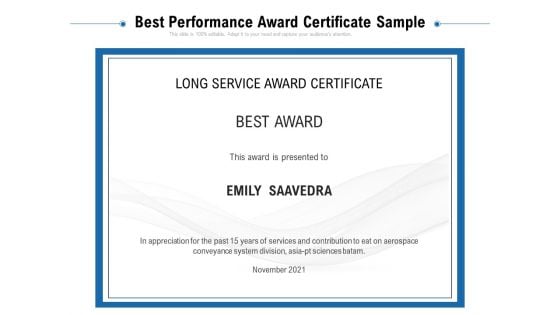 Best Performance Award Certificate Sample Ppt PowerPoint Presentation File Background PDF