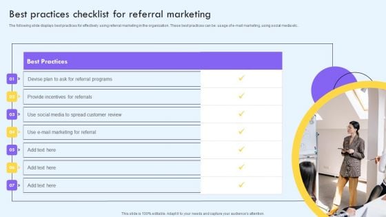 Best Practices Checklist For Referral Marketing Ppt PowerPoint Presentation Diagram Templates PDF