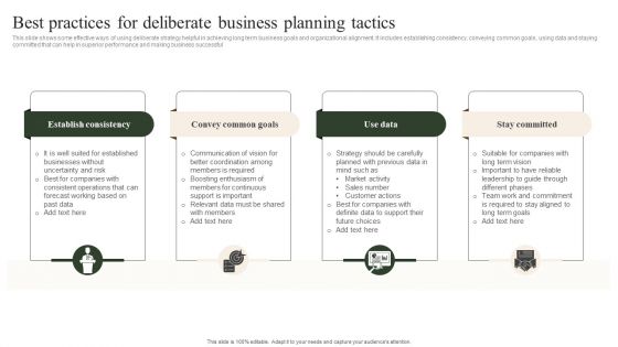 Best Practices For Deliberate Business Planning Tactics Mockup PDF