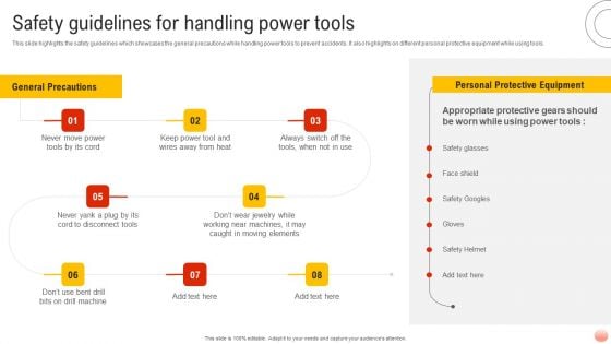 Best Practices For Occupational Health And Safety Safety Guidelines For Handling Power Tools Icons PDF