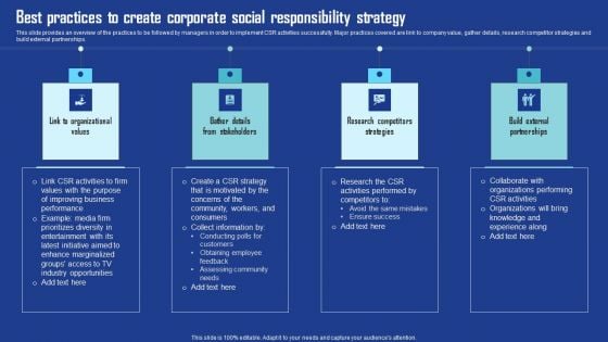 Best Practices To Create Corporate Social Responsibility Strategy Template PDF