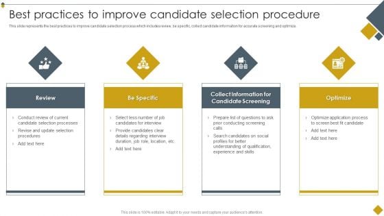 Best Practices To Improve Candidate Techniques To Boost Selection Process Sample PDF