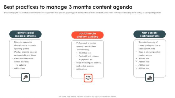 Best Practices To Manage 3 Months Content Agenda Guidelines PDF